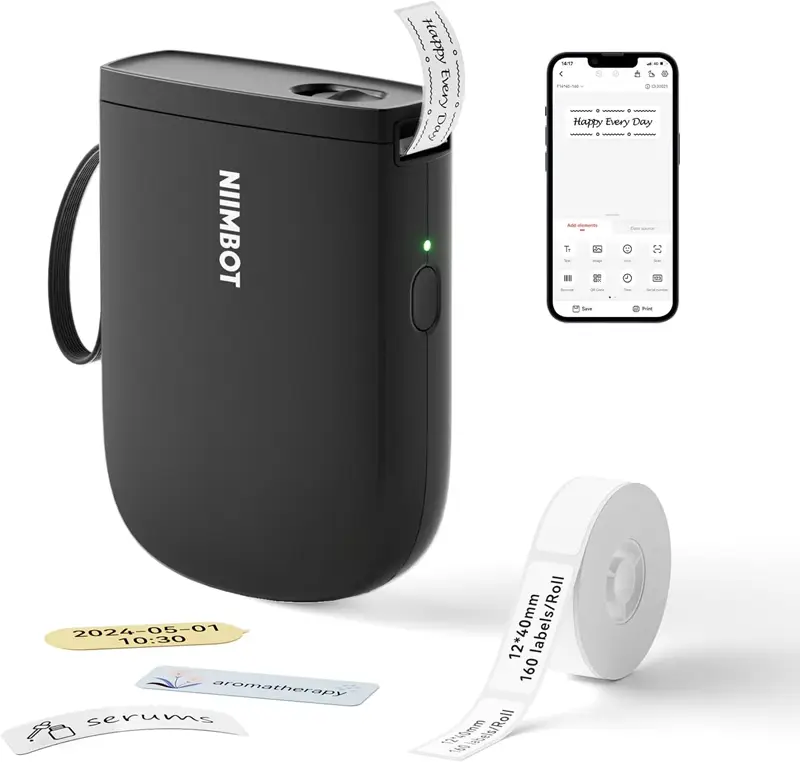 NiiMbot D11_H Etiket Makinesi Siyah, Kablosuz Taşınabilir Termal Bluetooth - USB Şarjlı